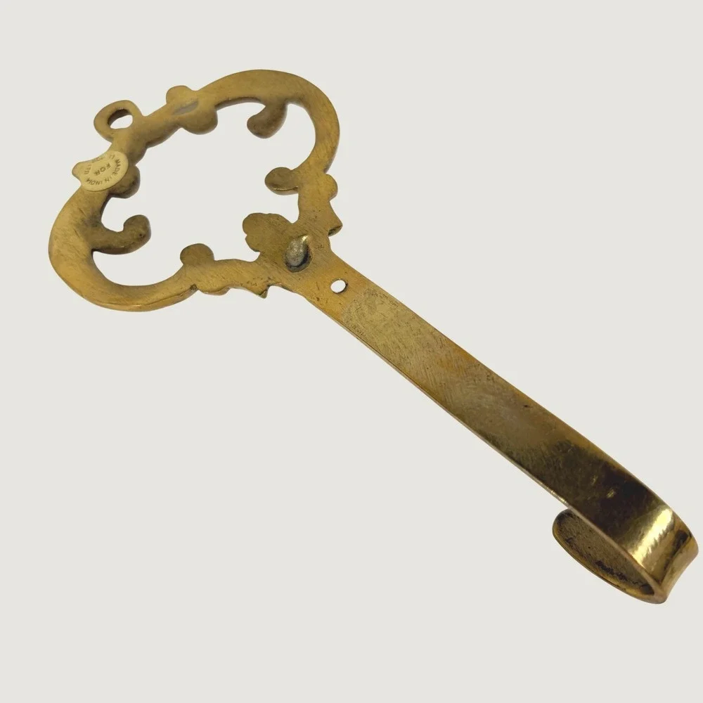 Vintage Ornate Solid Brass Wall Hook Scrolled Openwork Made in India 7.5 Inch